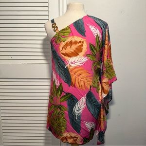 SHEIN Tropical Print Chain Detail Asymmetrical Neck Batwing Sleeve Dress